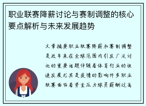 职业联赛降薪讨论与赛制调整的核心要点解析与未来发展趋势