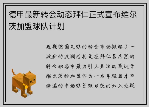 德甲最新转会动态拜仁正式宣布维尔茨加盟球队计划 德甲最新转会动态拜仁正式宣布维尔茨加盟球队计划