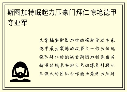斯图加特崛起力压豪门拜仁惊艳德甲夺亚军 斯图加特崛起力压豪门拜仁惊艳德甲夺亚军
